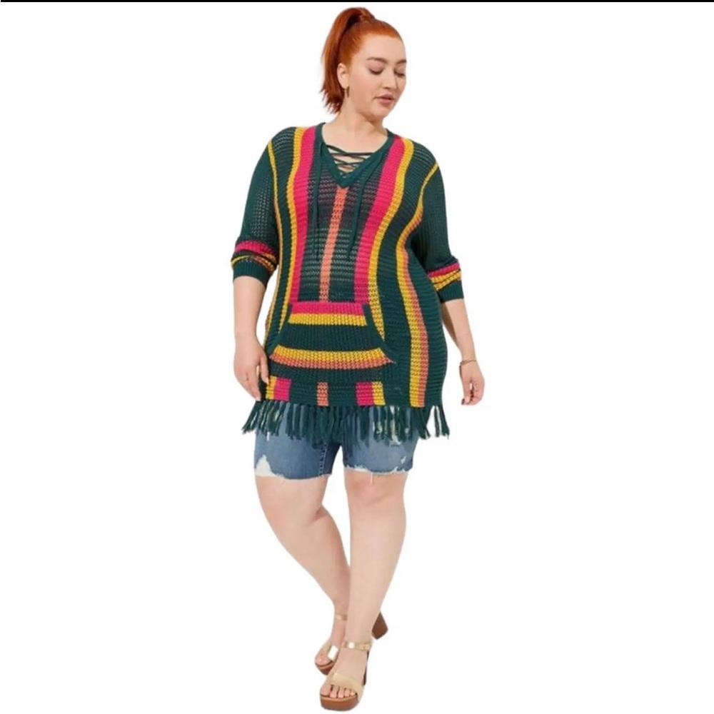 NWT Torrid 6X Green Open Knit Pullover Fringe Hem Sweater Boho Beachy